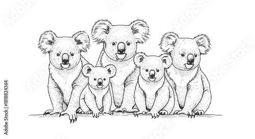 Adorable Koala Family Portrait A charming black and white illustration of a group of endearing koalas in detailed line art