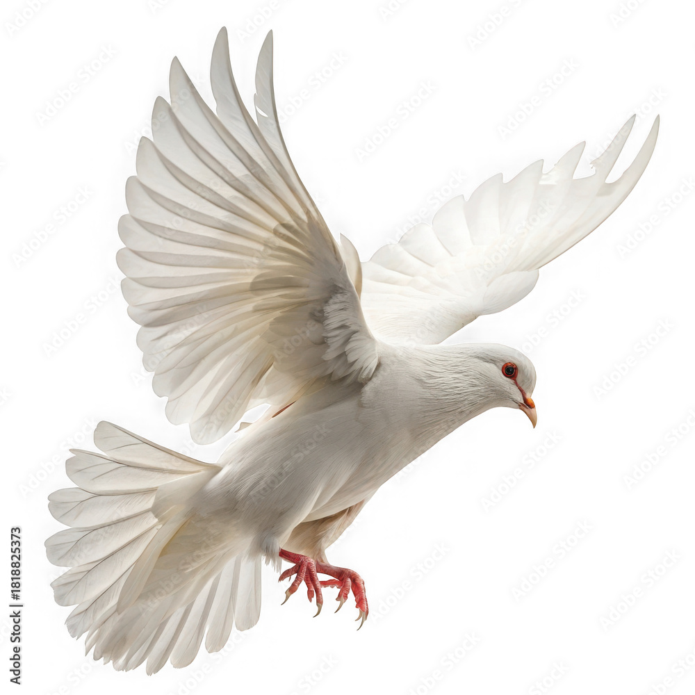 Fototapeta premium White dove flying, wings spread, peace