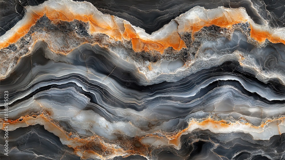 Fototapeta premium Agate - like Stone Texture with Wavy Patterns in Grey, White and Orange for Interior Design