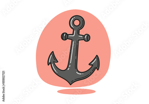 A simple, handdrawn illustration of a dark gray anchor with a hole at the top and flukes at the bottom, set against a soft pink oval shape on a