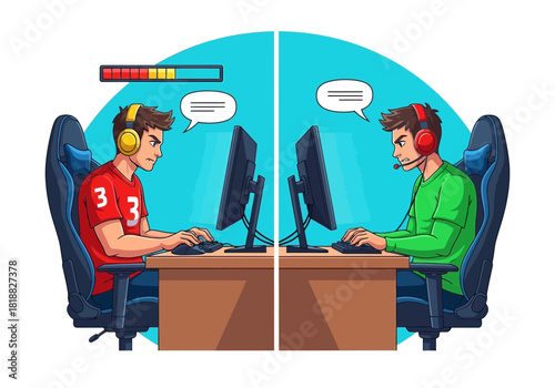 Two young men wearing headphones and gaming chairs, facing each other across desks, intensely playing video games on computers, isolated on