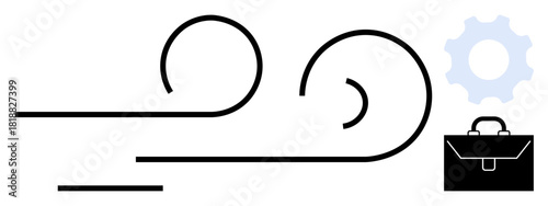 Black wind swirls signify agility, blue gear symbolizes efficient mechanics, and black briefcase represents business and work. Ideal for business, technology, strategy, growth, innovation, movement