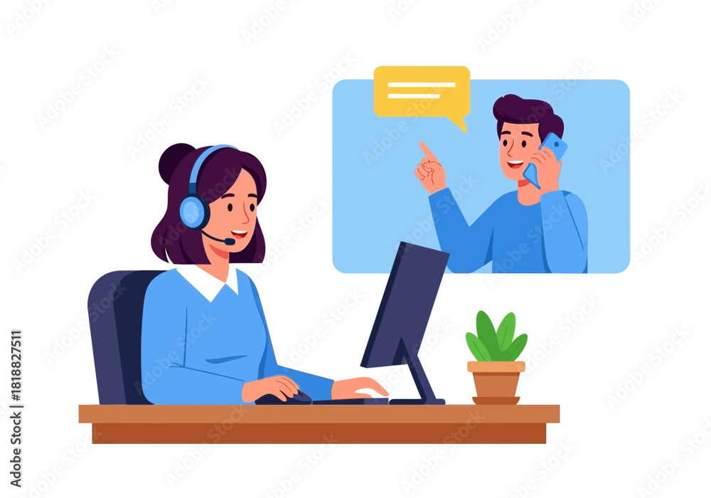 Fototapeta premium Customer service representative wearing headset and working on computer, with a video call participant on screen