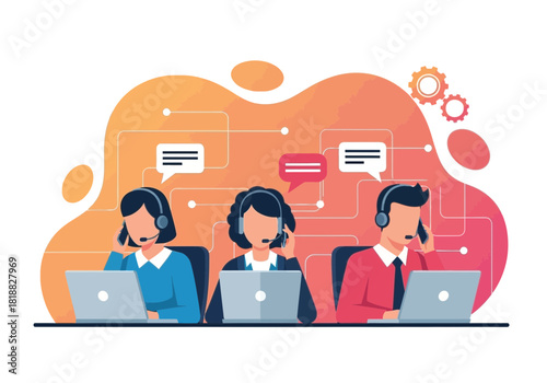 Three diverse customer service representatives wearing headsets and working on laptops in a modern office setting with abstract background elements and communication icons