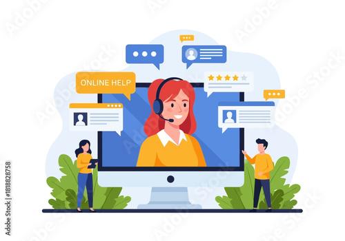 Customer service agent with headset on computer screen, surrounded by chat bubbles, reviews, and user profiles, representing online help and support