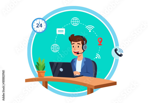 Customer service representative wearing headset working on laptop with icons representing communication, connectivity, and time, symbolizing support and assistance