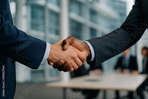 Pessoas de negócios apertando as mãos em ambiente formal de trabalho. 