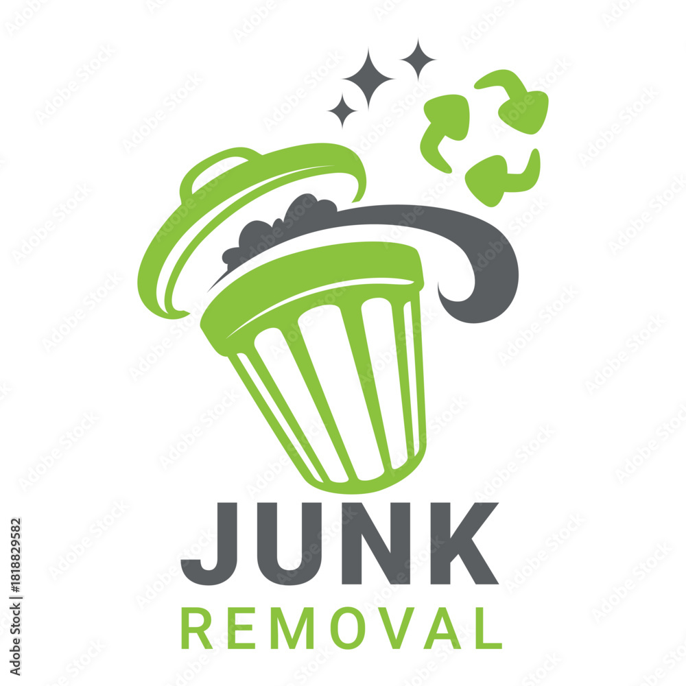 Naklejka premium A garbage removal logo design template featuring a green trash bin and recycling symbol, suitable for cleaning services.