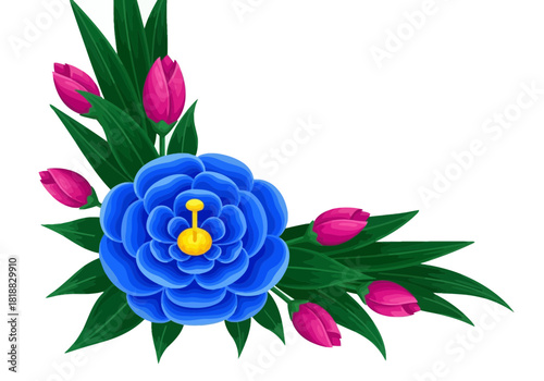 A vibrant blue peony with pink tulip buds and green leaves, isolated on a, creating a beautiful floral corner decoration