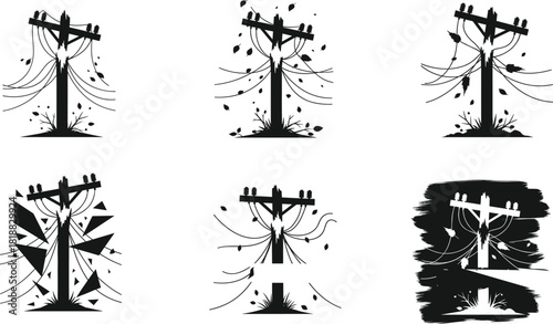 Broken utility pole illustration showing damaged power lines, falling debris, wind effects, destruction scene, electrical infrastructure failure concept for disaster graphic desig