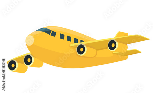 A cartoonish yellow passenger jet boasts a modern aerodynamic shape and bold colors. It stands out against a clean white background, highlighting its features and color.