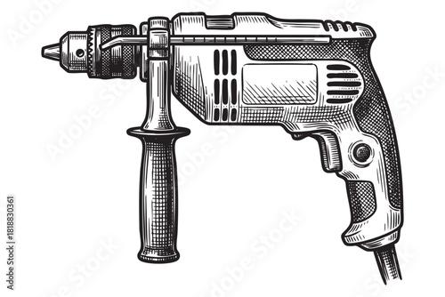 Electric Corded Power Drill Tool Engraving Vector Illustration