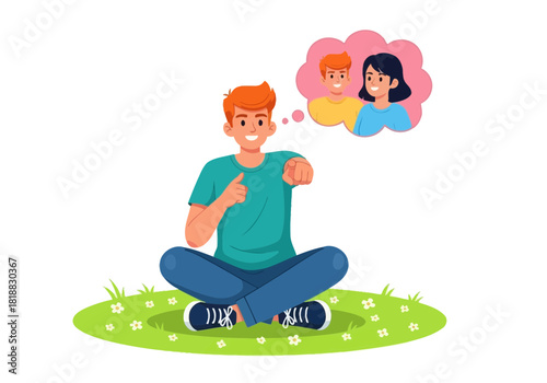 A young man sitting crosslegged on the grass, giving a thumbs up and thinking about a couple