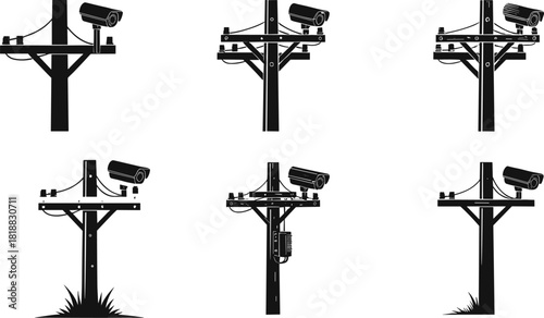 CCTV security camera on wooden pole, street surveillance system illustration, outdoor monitoring technology, smart digital protection equipment, modern safety observation design