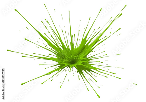 A vibrant green paint splash exploding outwards with thin, sharp tendrils against a clean, creating a dynamic and abstract visual effect
