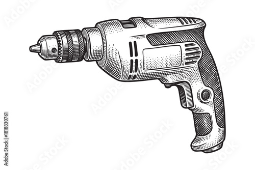 Electric Corded Power Drill Tool Engraving Vector Illustration