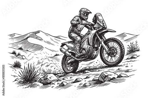 Motorcycle Rally Rider Off-Road in the Desert Engraving