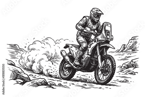 Motorcycle Rally Rider Off-Road in the Desert Engraving