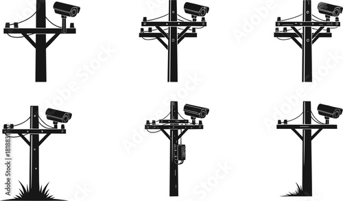 CCTV surveillance camera on wooden pole, outdoor security monitoring system, digital observation technology, street safety equipment, modern protection infrastructure illustration