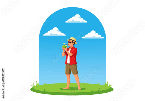 A man wearing a hat and sunglasses enjoys a refreshing coconut drink on a sunny day, standing on green grass with a blue sky and clouds in the background