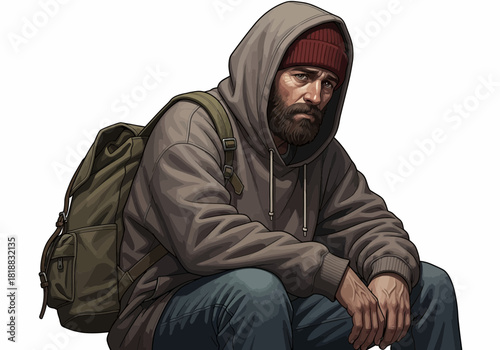 A sad, lonely man with a beard and a backpack, wearing a hoodie and a beanie, sitting down, isolated on