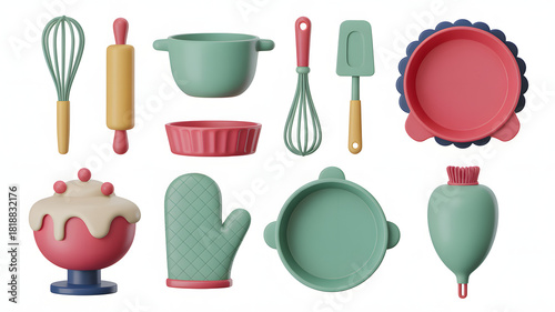 Kitchen tools collection includes whisk rolling pin bowl and baking mold 3d render isolated on white background