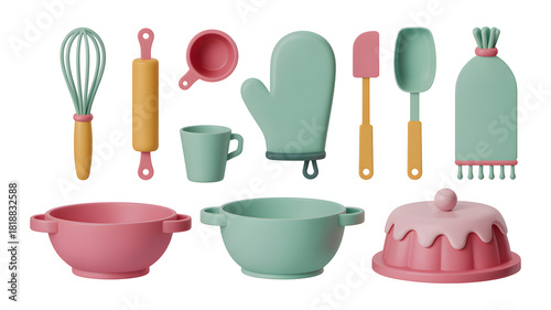 Kitchenware set with whisk, rolling pin, measuring cup, mug, oven mitt, spatula, bowl, pudding, 3d rendering