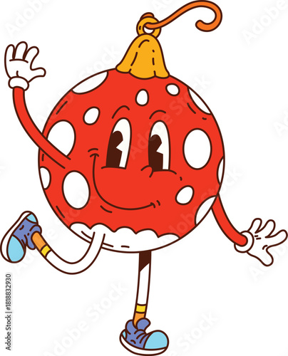 Groovy Christmas bauble character with red color and white dots dances with happy smile. Funky mascot cute sneakers and retro 70s vibe. Funny vector personage for New year and Christmas party