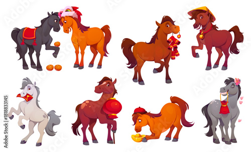 Cartoon horse characters, Chinese lunar new year animal with festive accessories, lantern, coins, orange fruits, money envelope, gold ingot and traditional hats. Vector cute happy zodiac symbols set