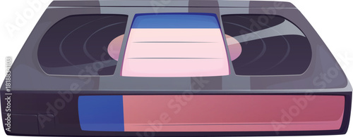 Cartoon VHS cassette tape. Retro vector nostalgic media and analog video storage technology. Movie and cinema object, vintage recording device with reels visible inside, a label section for writing