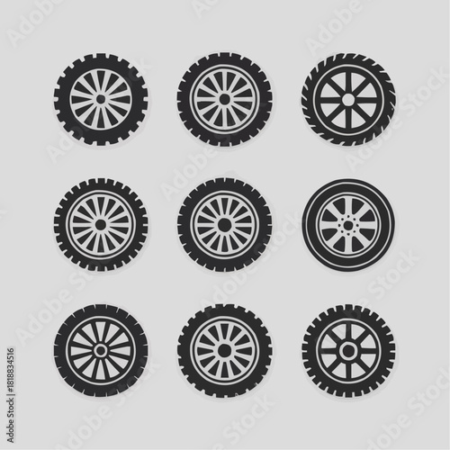 Tire Variety: A collection of various car tire designs, presented in a neat grid. These wheels showcase different styles and patterns of treads.