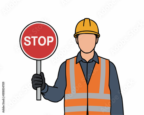 Caution on Site: An illustration of a worker wearing safety gear, holding a stop sign, indicating a crucial safety measure to halt, deter, and control activity in a construction site or road.