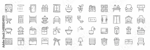 Interior Design Elements: A comprehensive collection of meticulously designed icons representing a variety of essential interior design elements. This array caters to a range of design requirements.
