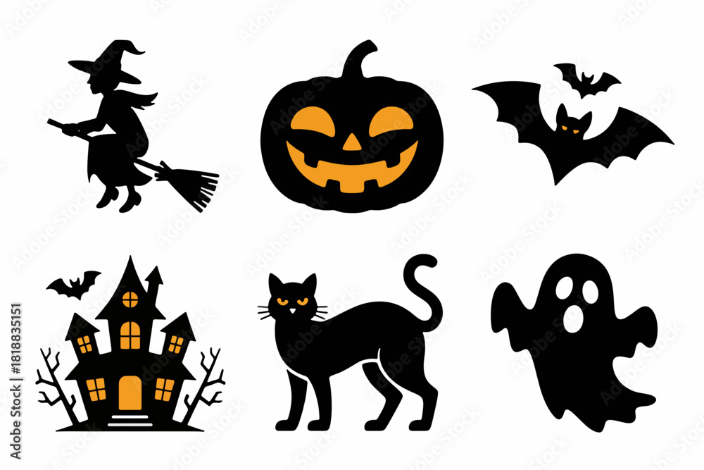 Fototapeta premium Halloween Silhouettes: A collection of spooky black silhouettes depicting a witch on a broom, a jack-o'-lantern, a bat, a haunted house, a black cat, and a ghost, perfect for Halloween designs.