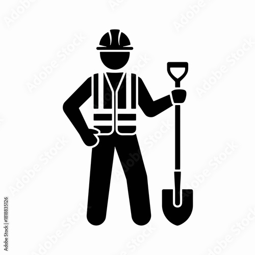 Construction Worker Silhouette: A minimalist depiction of a construction worker, standing proudly with a shovel. This clean, bold illustration is perfect for conveying themes of construction, labor.