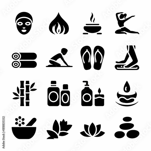 Spa Icons: A collection of black and white icons representing various spa services and relaxation essentials. Capturing the essence of tranquility and well-being.