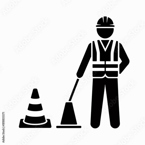 Road Work Icon: A stylized depiction of a construction worker directing traffic, standing beside a traffic cone, conveying safety and infrastructure.