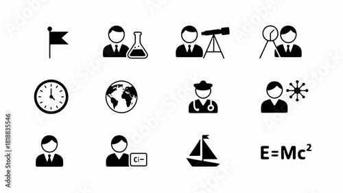 Icons of Knowledge and Exploration: A compilation of minimalist icons represents concepts of exploration, from scientific progress to the thrill of new experiences.