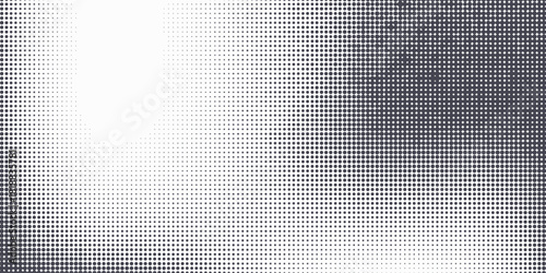 Dotted halftone texture background. Black and white pop art gradient overlay. Fading grunge gritty noise wallpaper. Weathered pixelated comic backdrop. Vector bitmap subtle vanishing surface