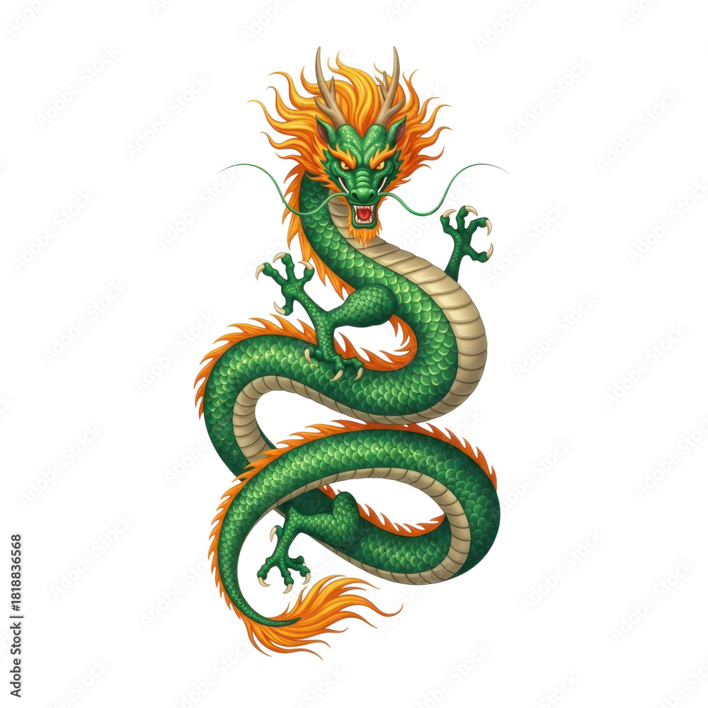 Obraz premium Traditional chinese mythical green dragon cultural illustration isolated on transparent background