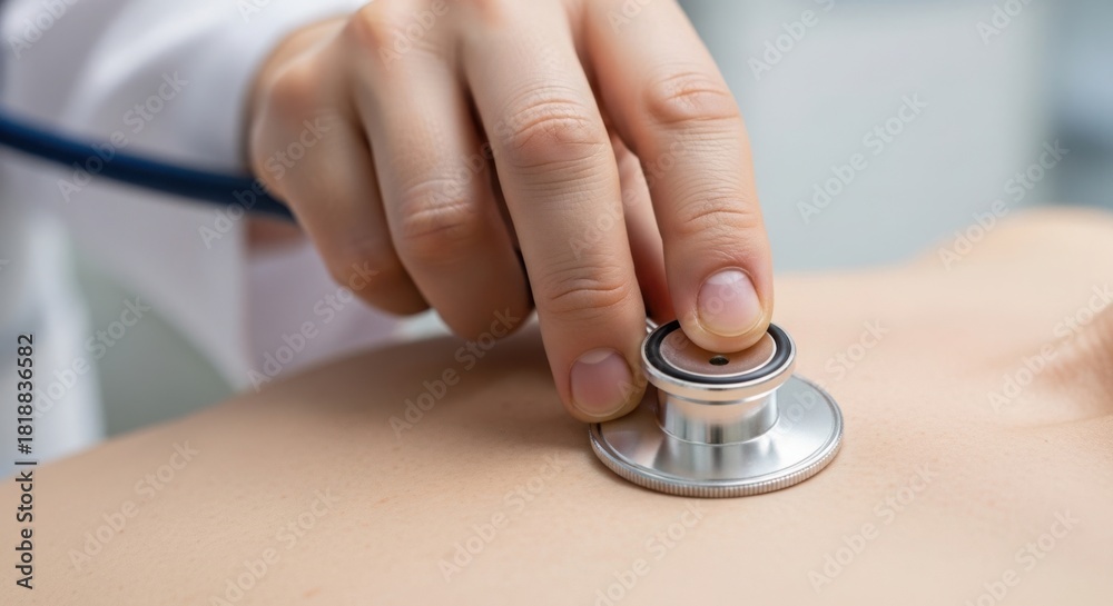 Fototapeta premium Doctor examining patient chest with stethoscope, Doctor examining patient to check heart rate and breathing, health check to ensure patient well being.