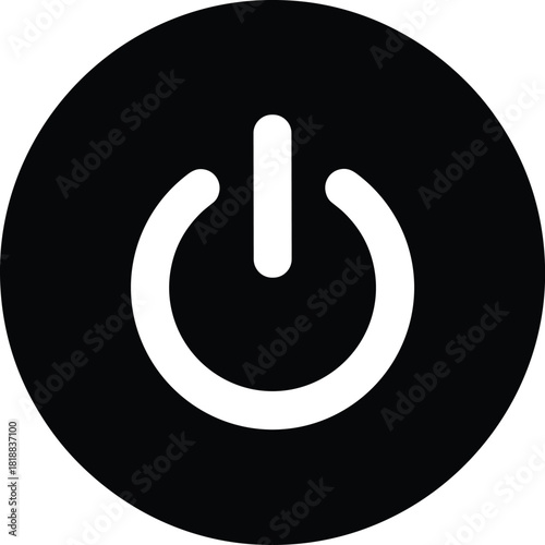 Power button icon vector, black circle with white toggle symbol, shut down, restart, on/off switch, technology, start-up, and control interface graphic.