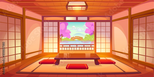 Japanese ryokan room interior vector background with wooden panels, sliding shoji doors and tatami, vector background. Cartoon floor table and red cushions in the center of ryokan room, asian interior