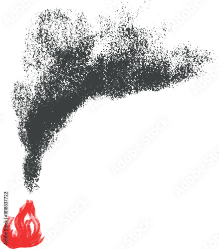 Burning fire with black smoke in cartoon child style from pencil, brush or crayon. Hand drawn doodle composition. Groovy naive vector illustration.