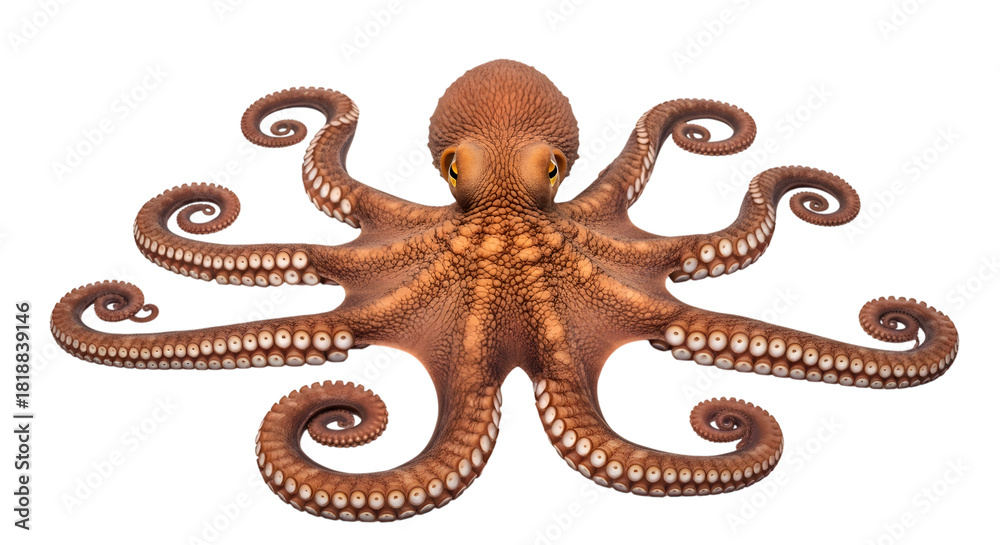 Obraz premium Detailed view of a brown octopus with coiled tentacles and visible suckers isolated on a transparent background