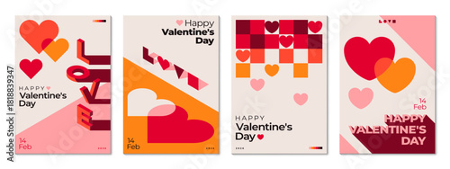 Valentine Day retro posters of hearts and vintage inspired lettering. Vector highlight with modern layouts featuring overlapping hearts, grid patterns and Happy Valentine Day words, retro posters