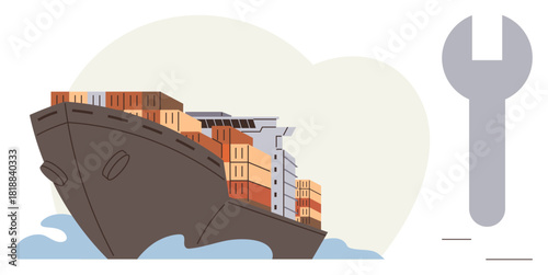 Cargo ship carrying stacked shipping containers navigates calm waters with prominent wrench indicating repairs. Ideal for shipping, logistics, maintenance, global trade, efficiency, transportation