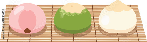 Three colorful mochi balls on a bamboo mat.