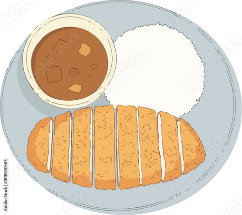 Top-down illustration of a Japanese Katsu Curry dish with sliced tonkatsu, white rice, and a bowl of curry sauce.