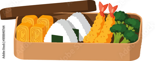 Illustration of a traditional Japanese bento box with onigiri, tamagoyaki, and tempura shrimp.